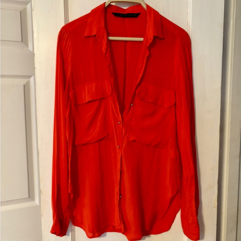 Zara Orange-Red Button Down Shirt (100% viscose)